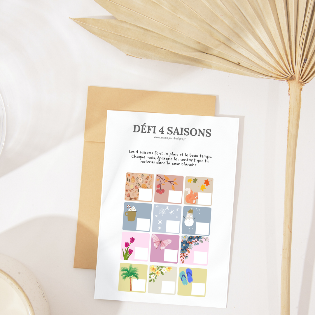 Défi épargne 4 saisons - format A6 (PLASTIFIÉ et PERFORÉ) - Enveloppe Budget